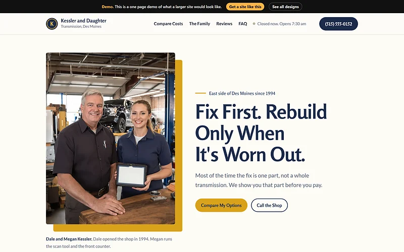 Transmission Repair website design, Fix First Family style, desktop view