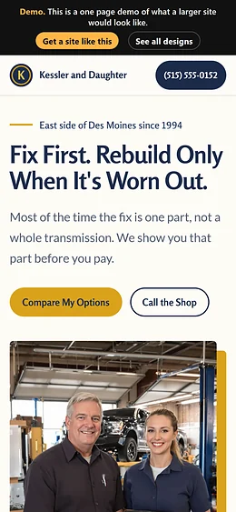 Transmission Repair website design on a phone