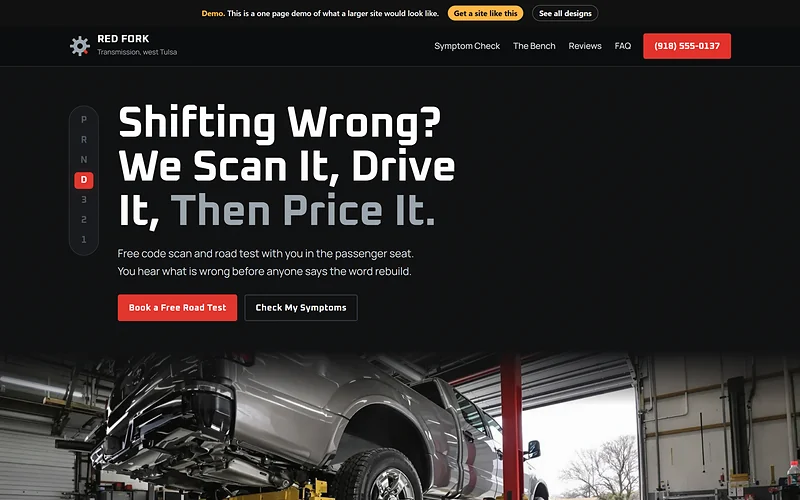 Transmission Repair website design, Scan Tool Black style, desktop view