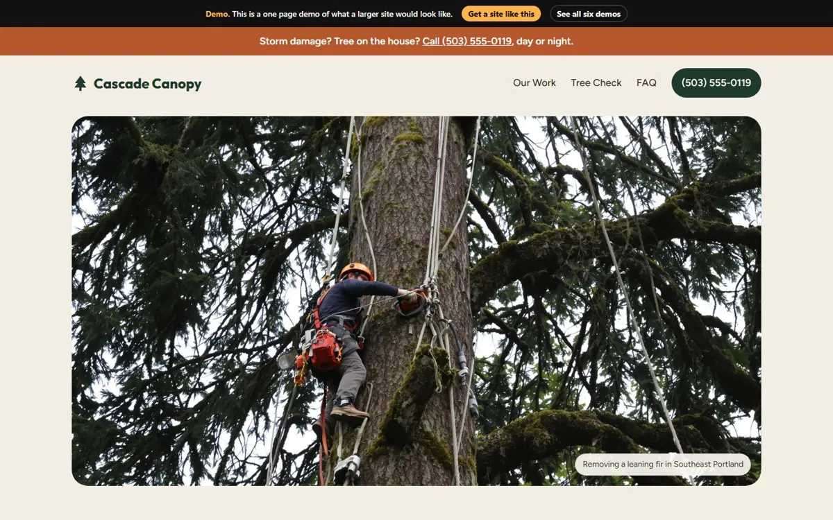 Tree Service website design, Earthy Editorial style, desktop view