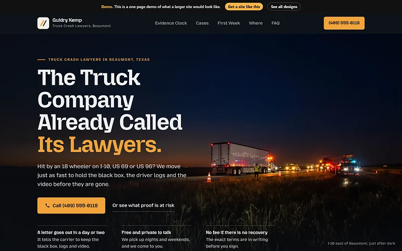 Truck Accident Law website design, Blue Hour Highway style, desktop view