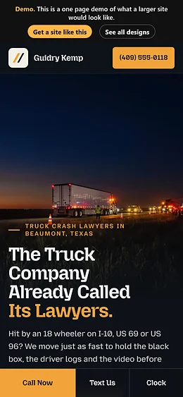 Truck Accident Law website design on a phone
