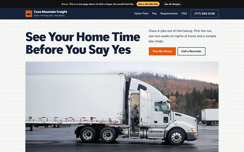 CDL / Trucking Recruitment website design, Logbook Grid style, desktop view