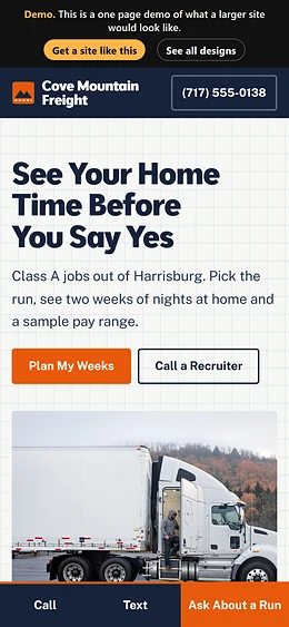 CDL / Trucking Recruitment website design on a phone