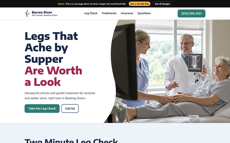 Vein Clinic website design, Soft Anatomy style, desktop view