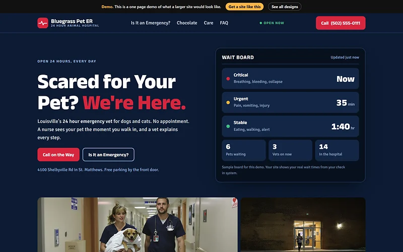 Emergency Vet website design, Calm Urgency style, desktop view