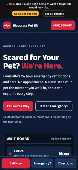 Emergency Vet website design on a phone