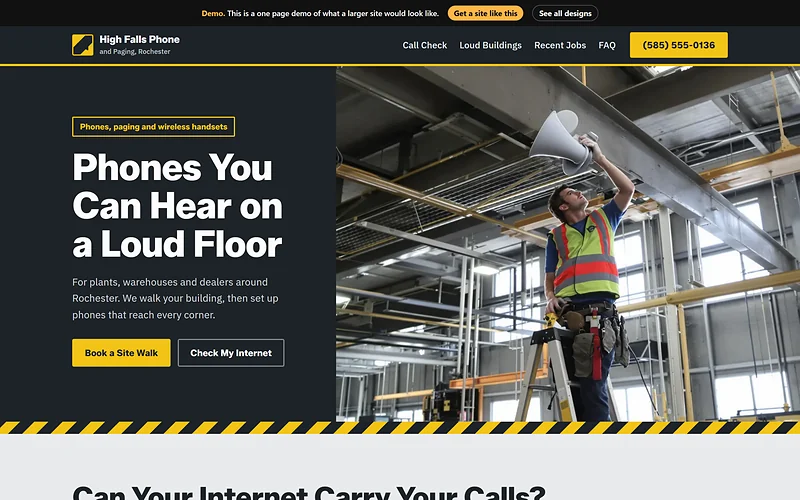 Business Phone / VoIP website design, Floor Tape Utility style, desktop view