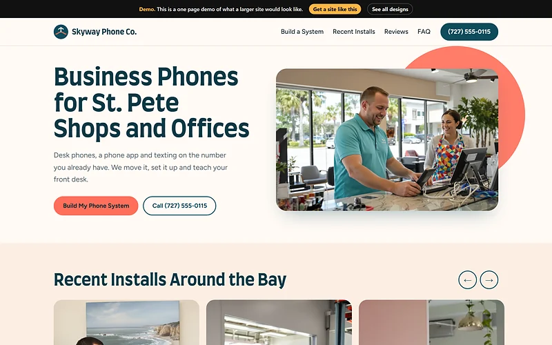 Business Phone Systems website design, Coral Coastline style, desktop view