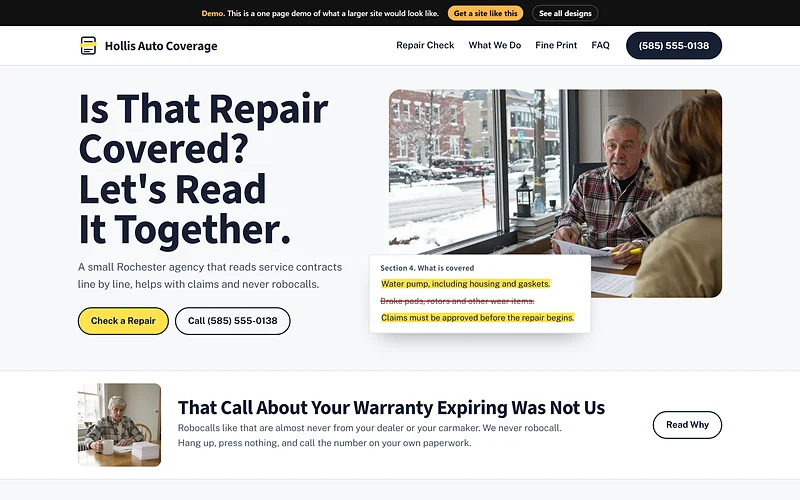 Extended Auto Warranty website design, Highlighted Fine Print style, desktop view