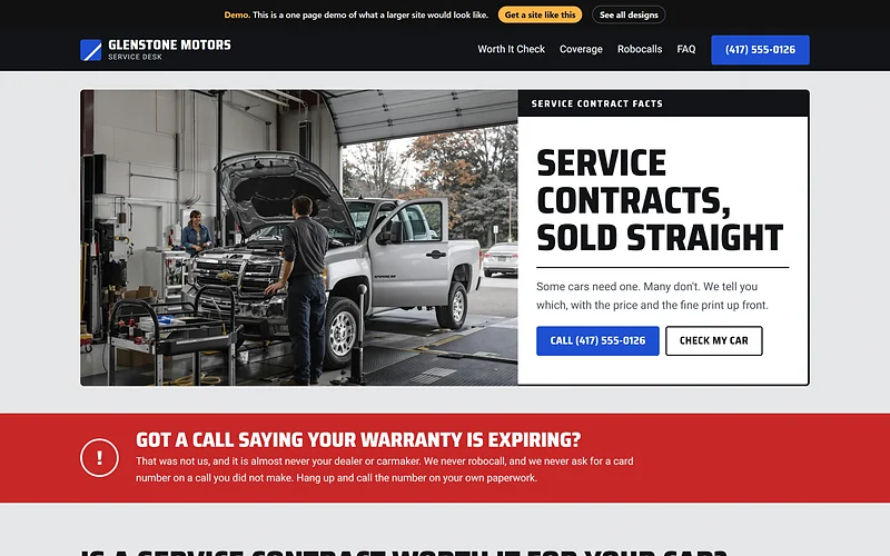 Vehicle Service Contracts website design, Window Sticker style, desktop view