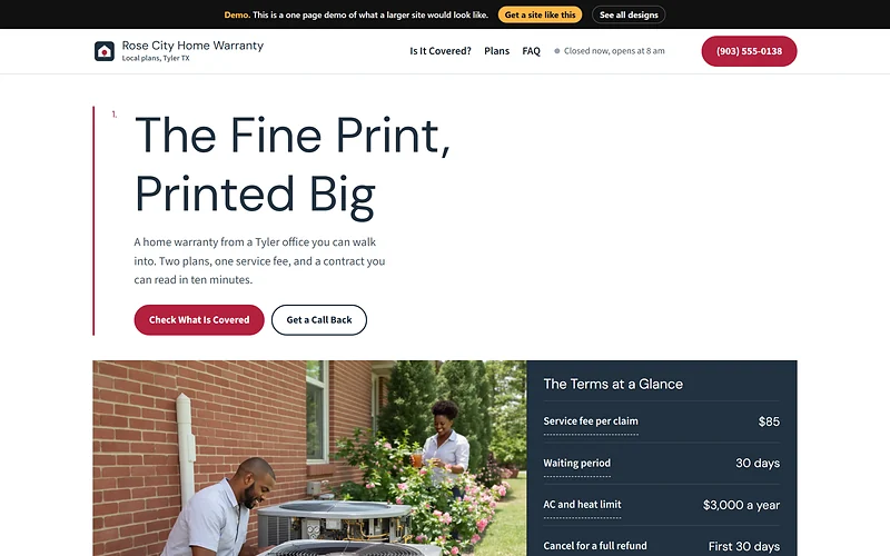 Home Warranty website design, Big Print Contract style, desktop view