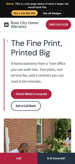 Home Warranty website design on a phone