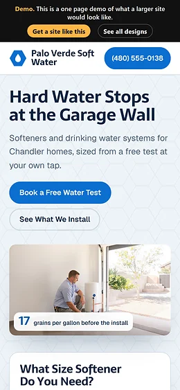 Water Treatment / Softeners website design on a phone