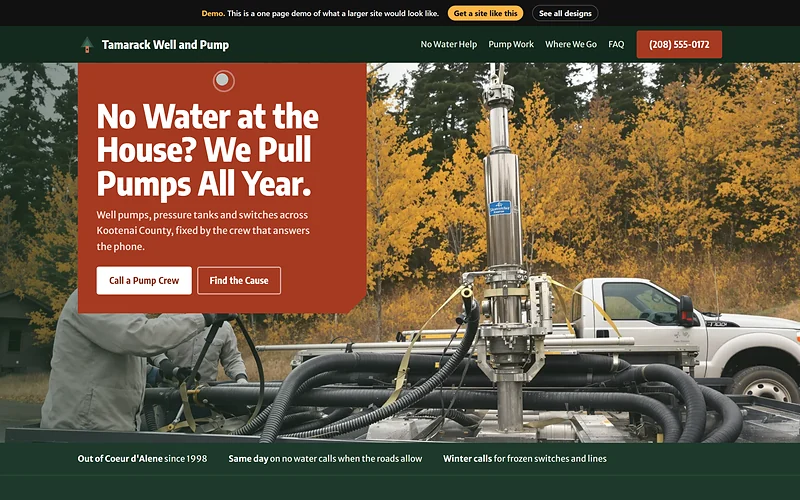 Well Pump Repair website design, Timber and Iron style, desktop view