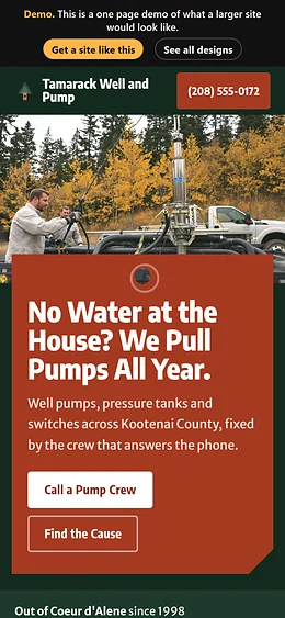 Well Pump Repair website design on a phone