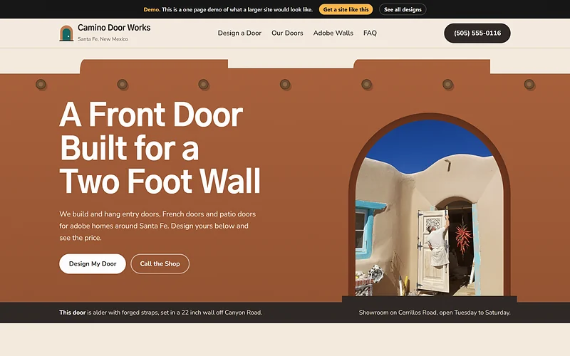 Entry and Patio Doors website design, Adobe and Iron style, desktop view