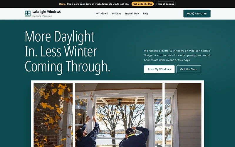Windows and Doors website design, Picture Window Teal style, desktop view