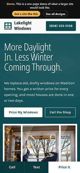 Windows and Doors website design on a phone
