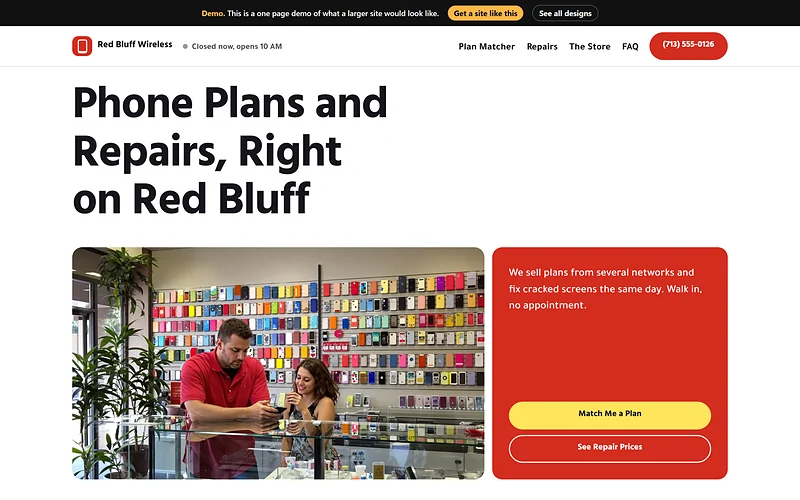 Wireless Store and Phone Repair website design, Counter Pop style, desktop view