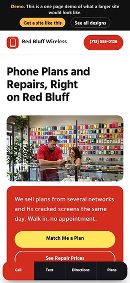 Wireless Store and Phone Repair website design on a phone