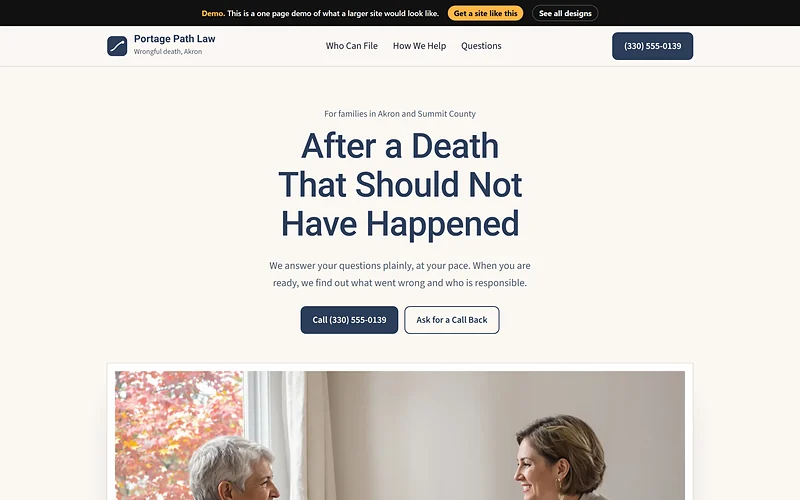 Wrongful Death Law website design, Quiet Slate style, desktop view