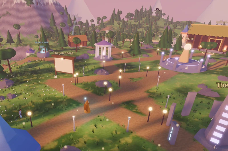 Odin's island from above, with lamp lit paths, a job board, a temple and a great hall