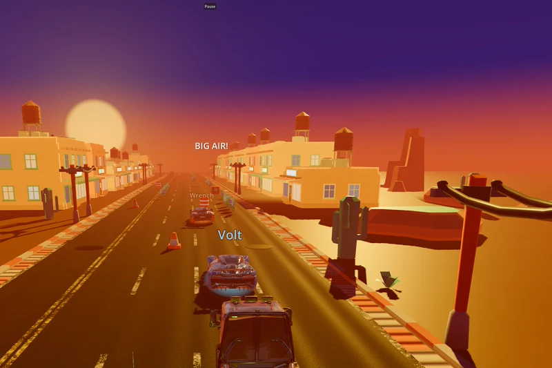 The Supercanic van racing rivals down a desert highway at sunset, past a row of adobe shops