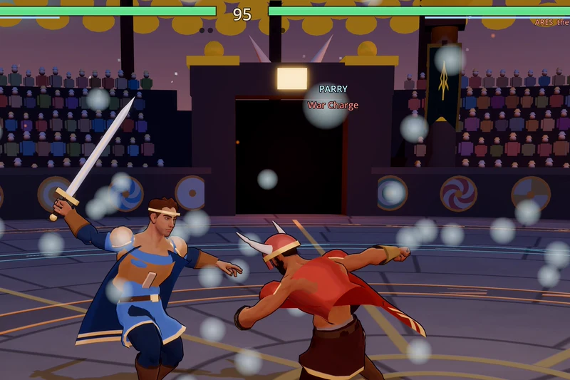 A swordsman in a blue cape parries a horned fighter in front of a packed crowd