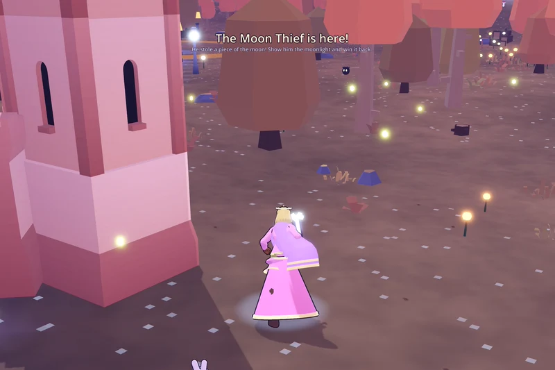 A princess in a pink gown walks past a castle tower into the Fox Woods at dusk