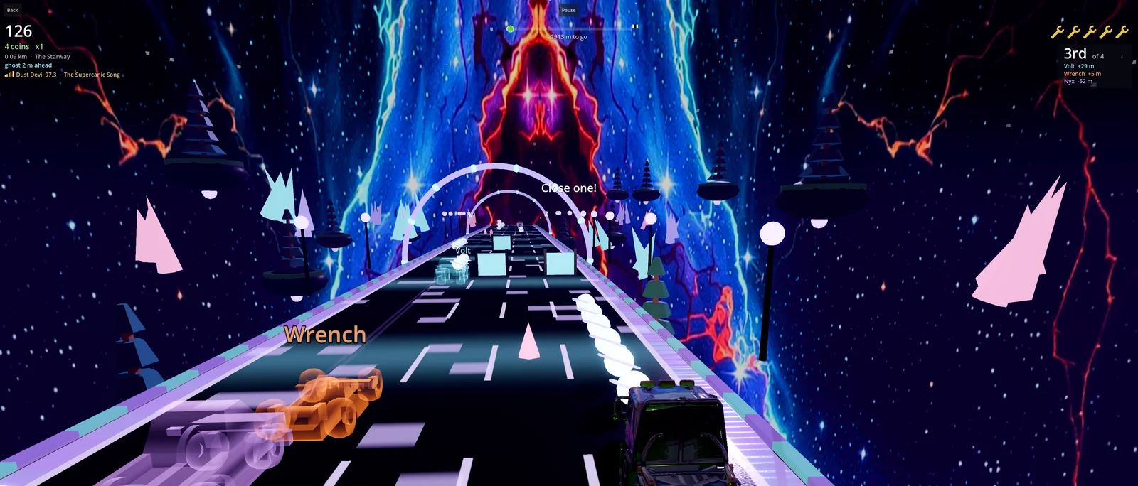 The Supercanic van racing down a glowing road through the stars toward a lightning gate