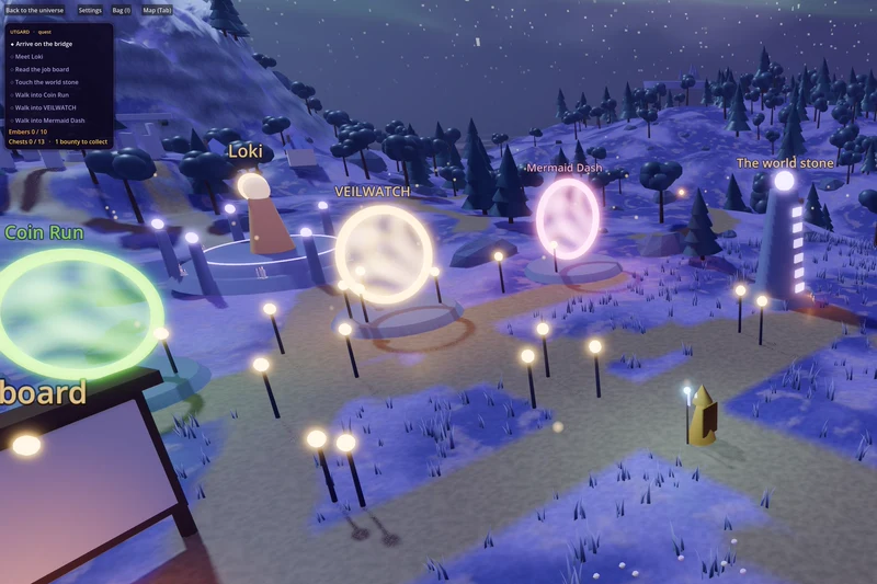 Glowing round portals stand along a night path on Loki's island, one for each game