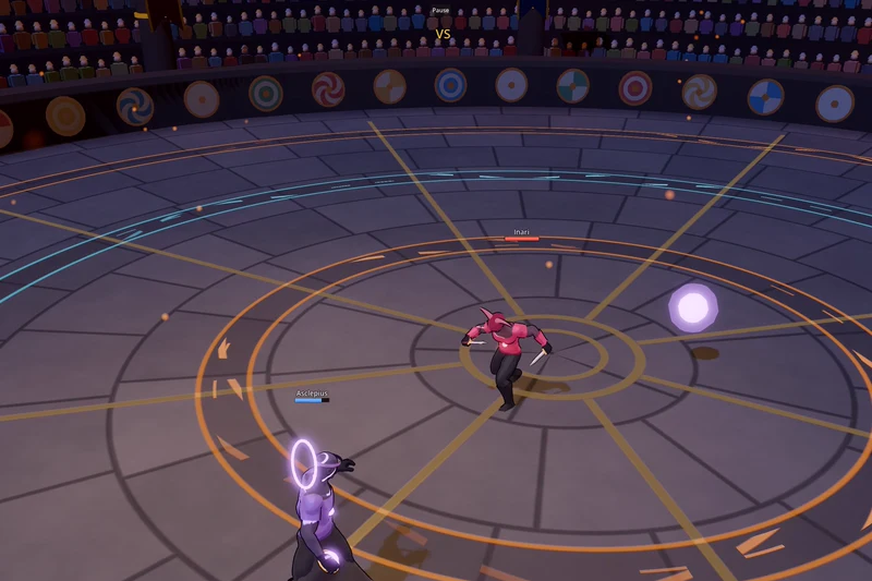 Two fighters circling on the stone floor of a round arena ringed with shields