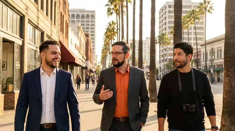 Justin Deleon, Anthony Limpert and Brodie Childers walking down a palm lined street in downtown Long Beach