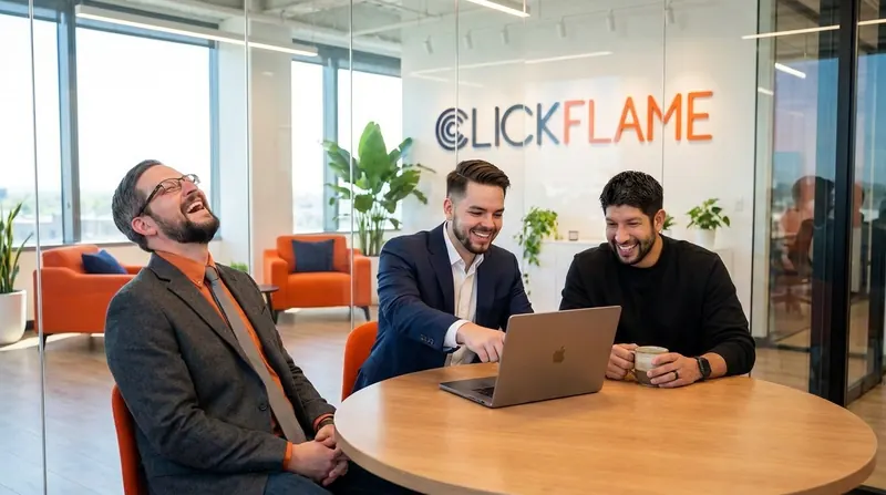 Anthony Limpert, Justin Deleon and Brodie Childers laughing around a laptop in a Clickflame meeting room