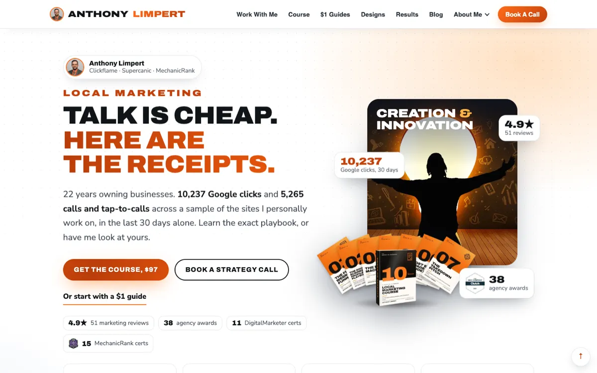The home page of anthonylimpert.com, a personal website built by Clickflame
