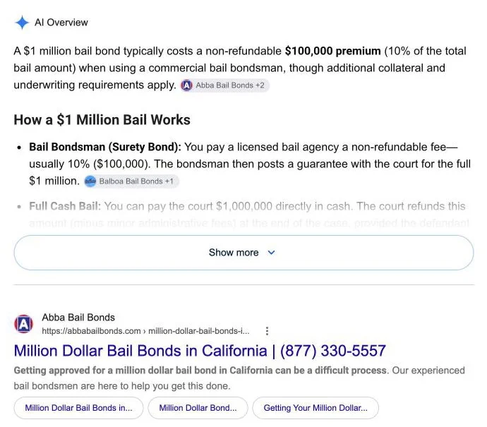 Google results for million dollar bail bonds with Abba Bail Bonds quoted first in the AI Overview and ranked first
