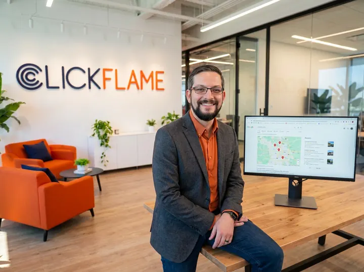 Anthony Limpert in the Clickflame office beside a screen showing a Google map pack with three pins