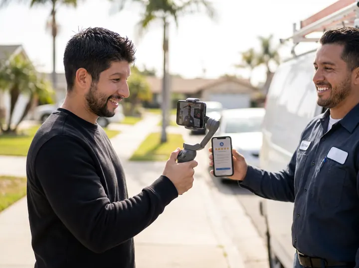 Brodie Childers filming a happy electrician holding up a five star review on his phone