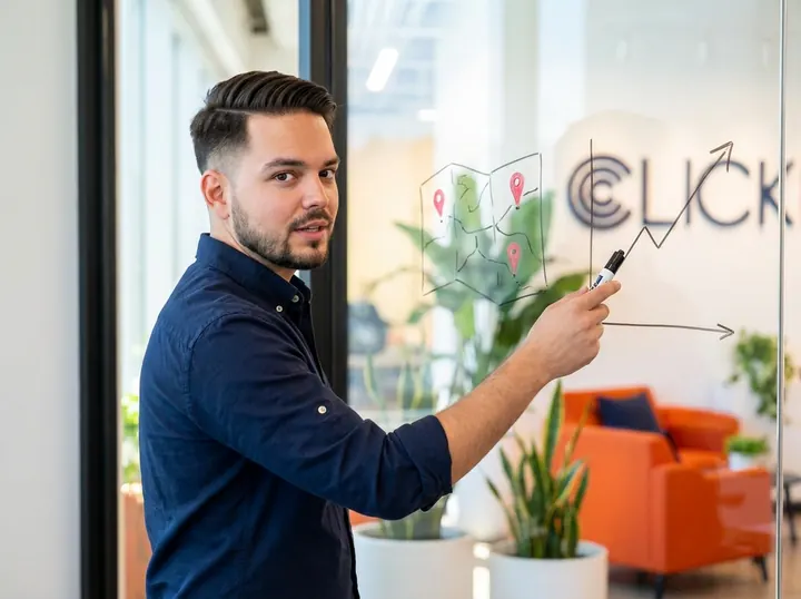 Justin Deleon sketching a map pack and a rising ranking line on a glass board in the Clickflame office