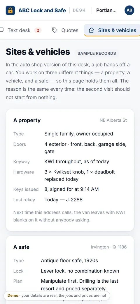 Shop Desk on a phone, sites and vehicles screen for ABC Lock and Safe