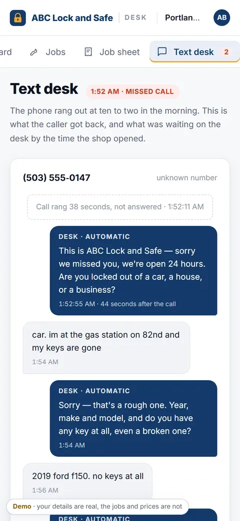 Shop Desk on a phone, text desk at 1:52 am screen for ABC Lock and Safe