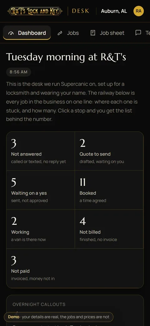 Shop Desk on a phone, morning dashboard screen for RTs Lock and Key