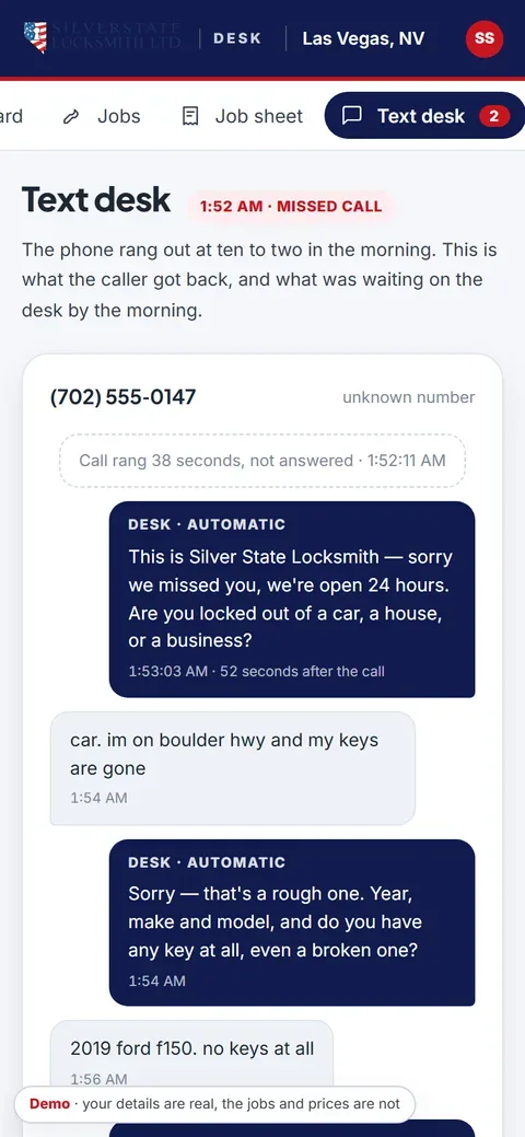 Shop Desk on a phone, missed call, answered screen for Silver State Locksmith