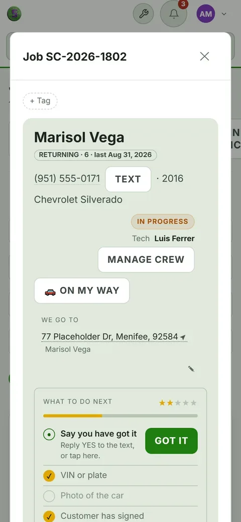 Shop Desk on a phone, a job in progress screen for Supercanic