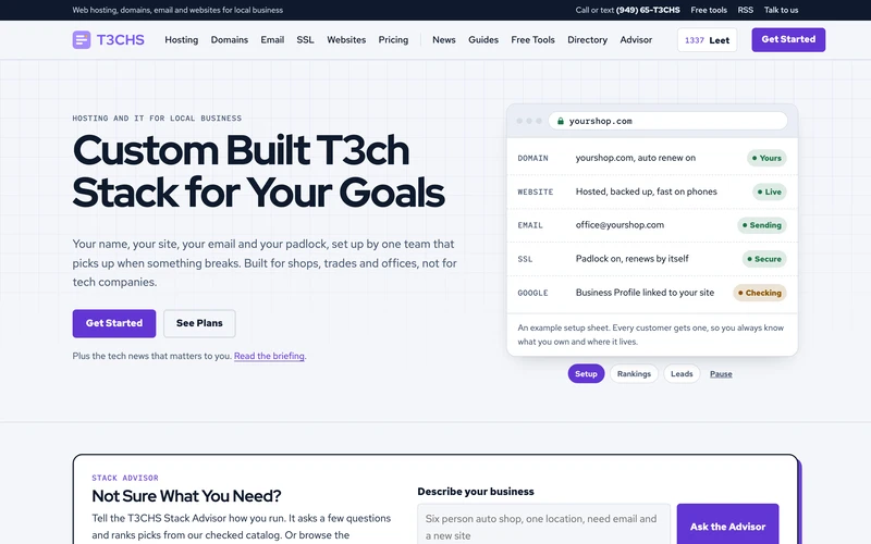 T3CHS home page with a setup sheet for domain, website, email and SSL