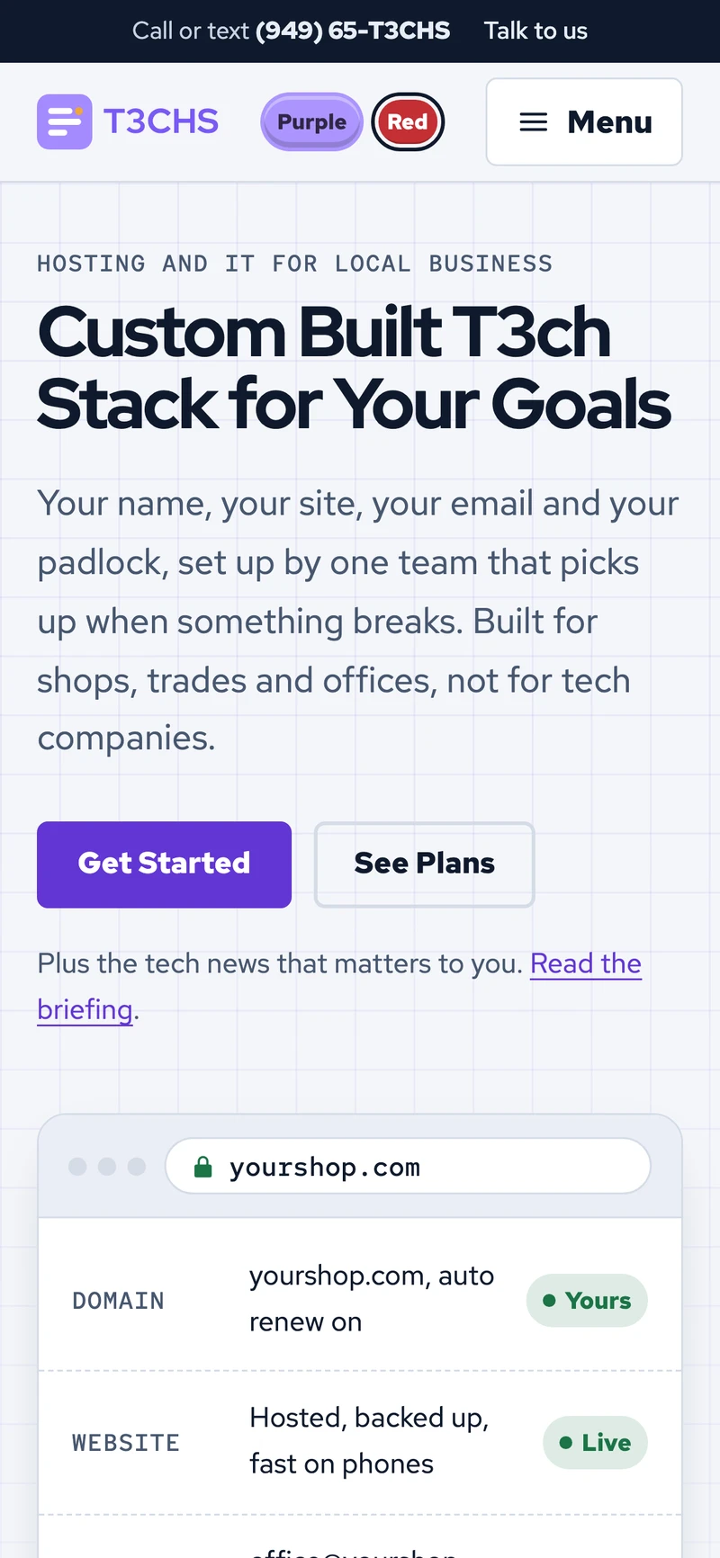 T3CHS on a phone, with the purple and red pill buttons next to the logo