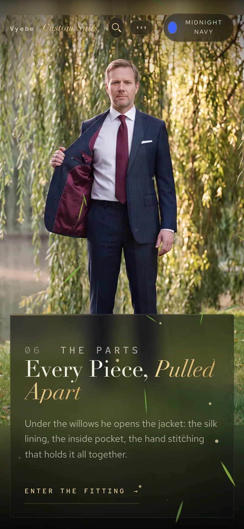 Vyebe Custom Suits on a phone, the jacket opened under willow trees to show the silk lining