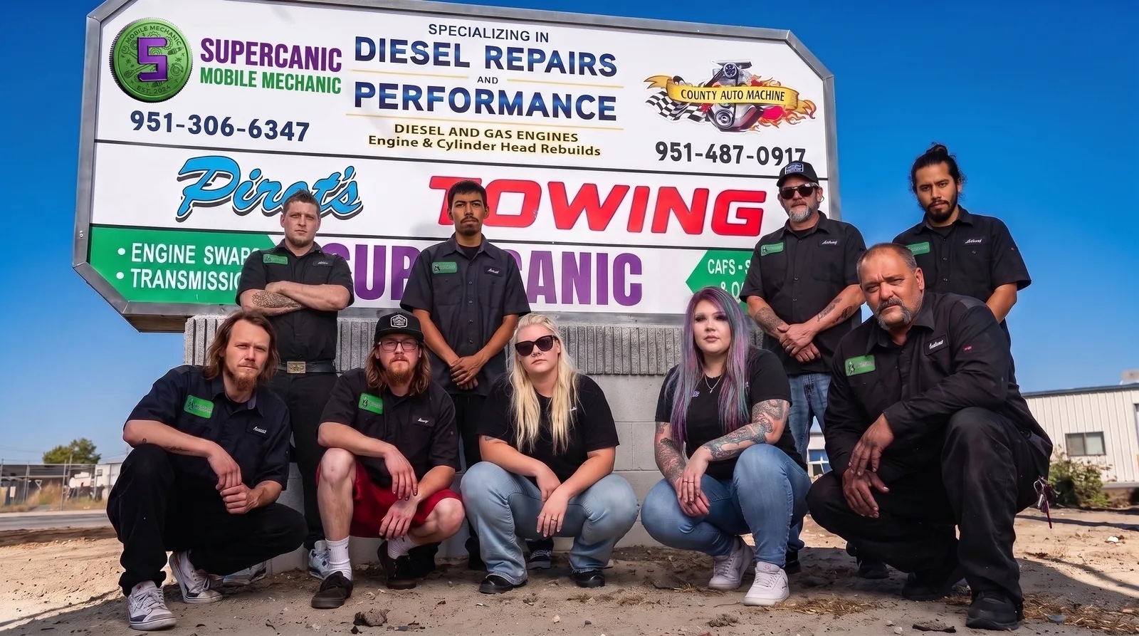 The Supercanic crew in shop shirts gathered under the Supercanic sign in San Jacinto