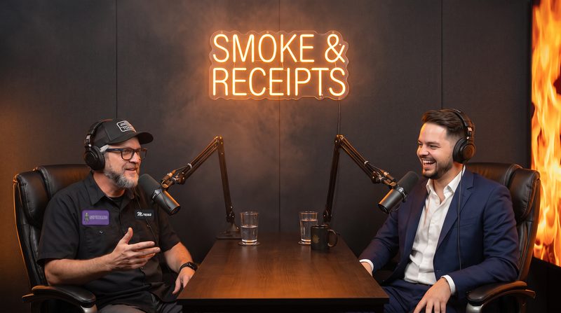 A guest and the host talking at the Smoke and Receipts podcast desk under a neon sign